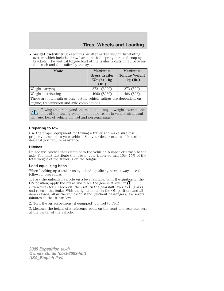 Preparing to tow, Hitches, Load equalizing hitch | Tires, wheels and loading | FORD 2005 Expedition v.2 User Manual | Page 253 / 376