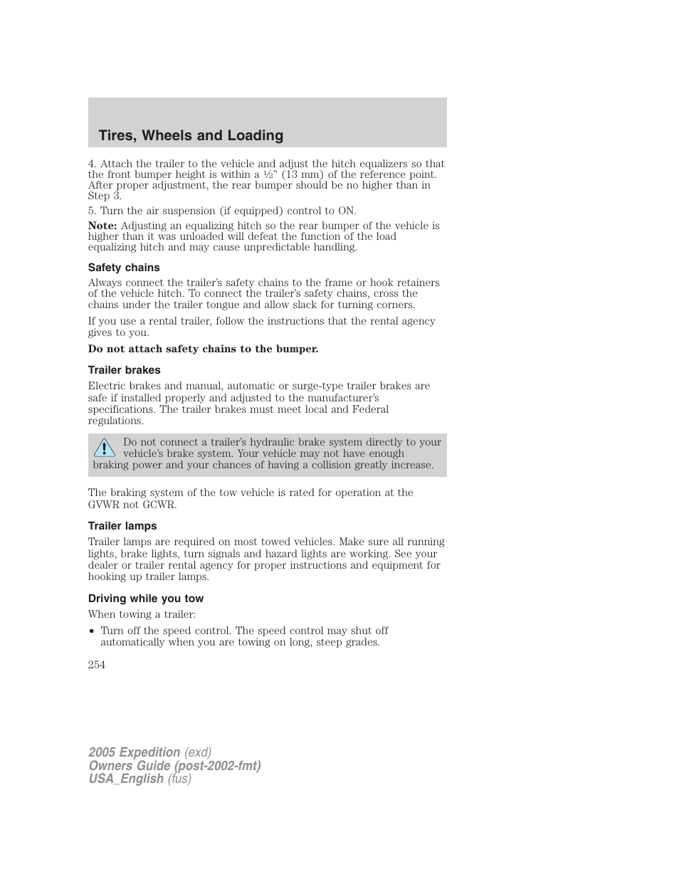 Safety chains, Trailer brakes, Trailer lamps | Driving while you tow, Tires, wheels and loading | FORD 2005 Expedition v.2 User Manual | Page 254 / 376