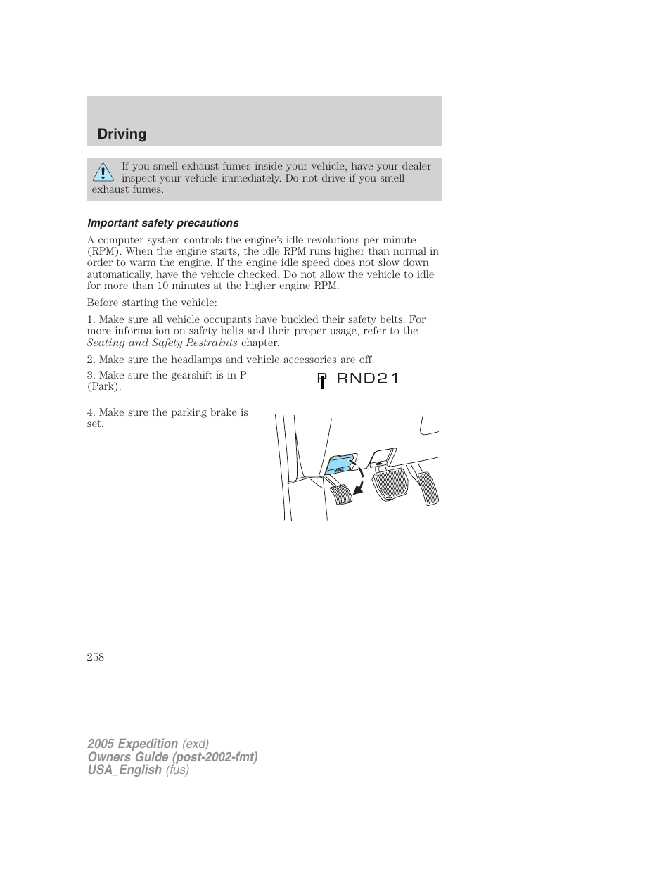 Important safety precautions, Driving | FORD 2005 Expedition v.2 User Manual | Page 258 / 376