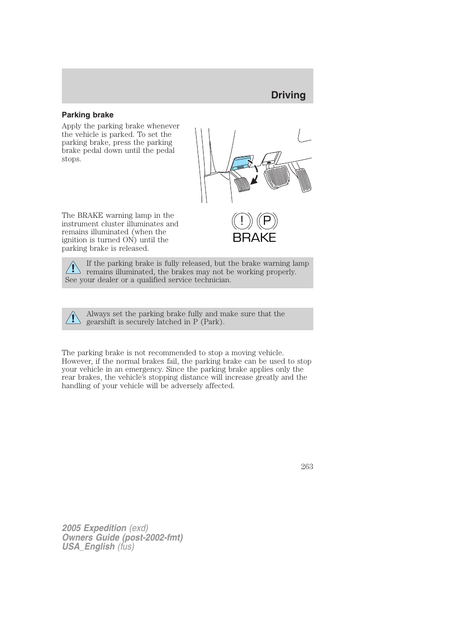 Parking brake, P! brake | FORD 2005 Expedition v.2 User Manual | Page 263 / 376