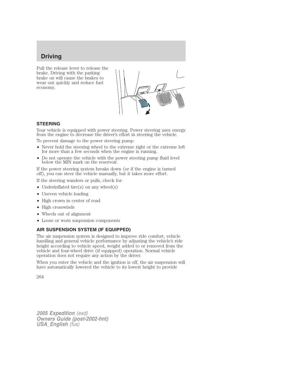 Steering, Air suspension system (if equipped), Air suspension | Driving | FORD 2005 Expedition v.2 User Manual | Page 264 / 376