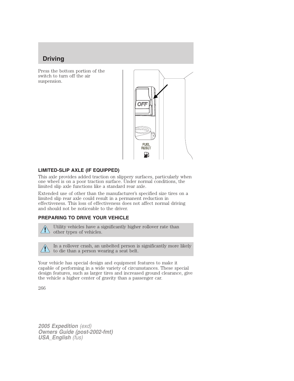 Limited-slip axle (if equipped), Preparing to drive your vehicle, Driving | FORD 2005 Expedition v.2 User Manual | Page 266 / 376