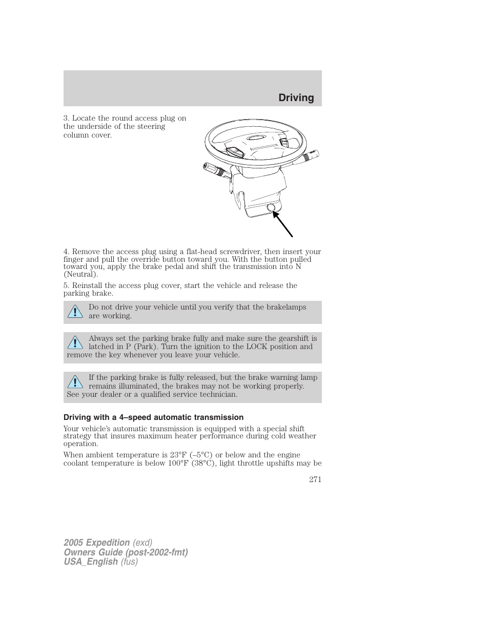 Driving with a 4–speed automatic transmission, Driving | FORD 2005 Expedition v.2 User Manual | Page 271 / 376