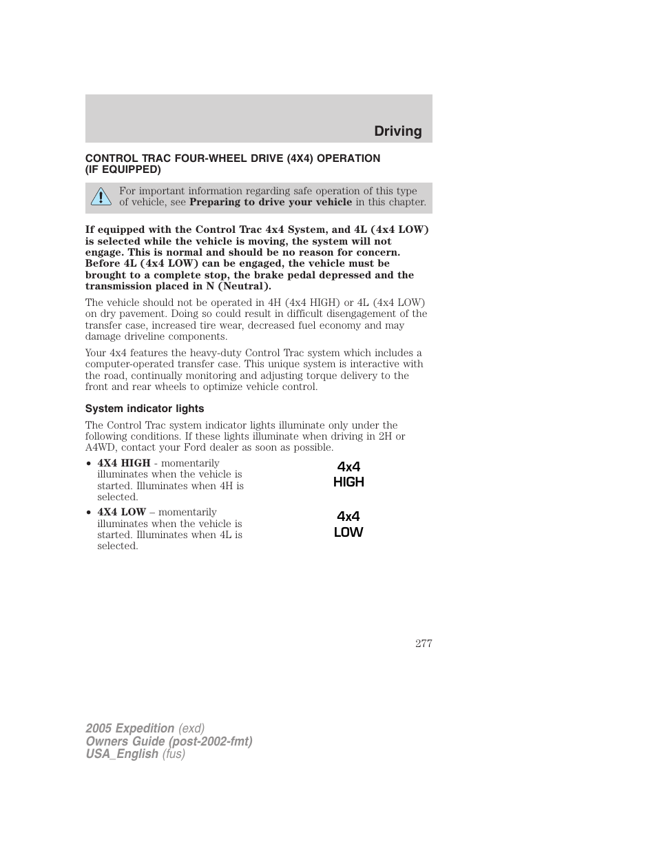 System indicator lights, Driving | FORD 2005 Expedition v.2 User Manual | Page 277 / 376