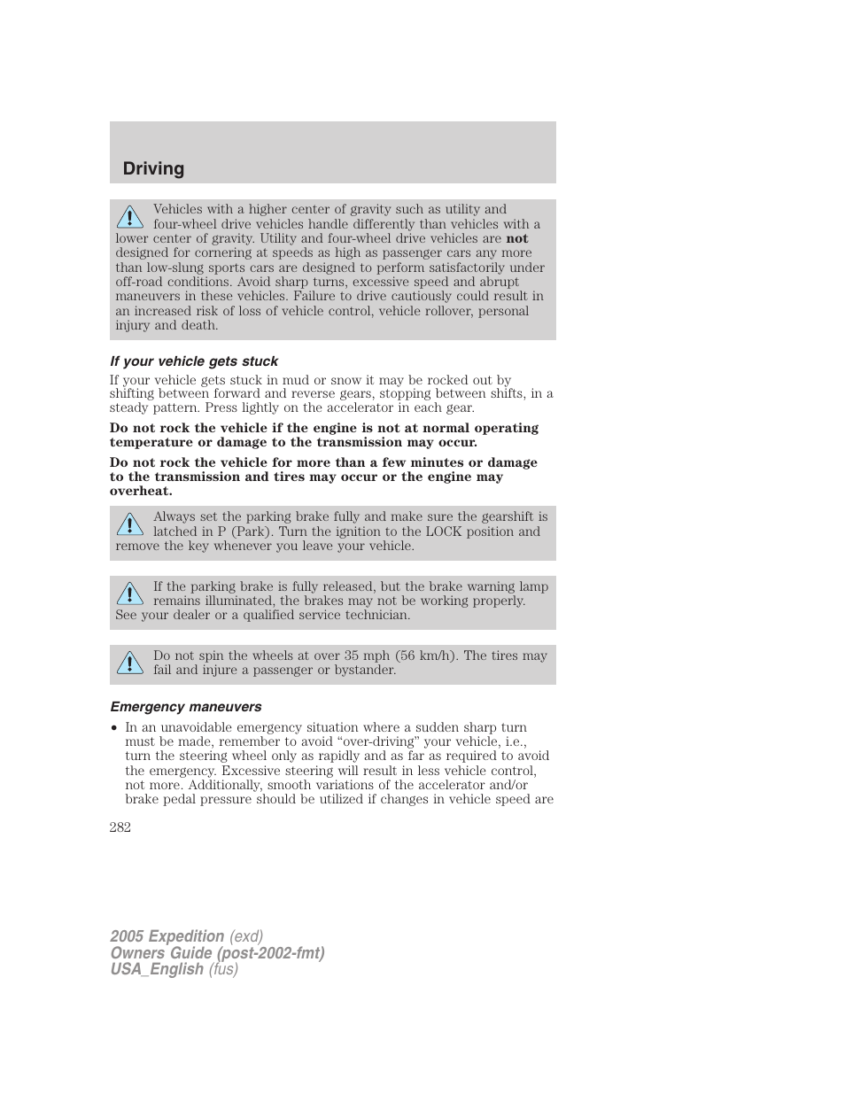 If your vehicle gets stuck, Emergency maneuvers, Driving | FORD 2005 Expedition v.2 User Manual | Page 282 / 376