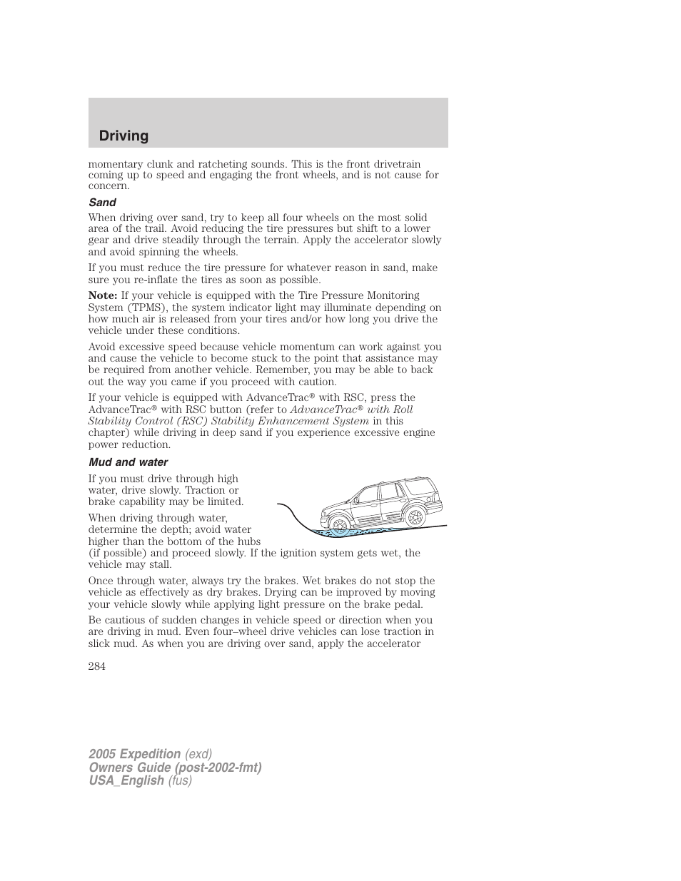 Sand, Mud and water, Driving | FORD 2005 Expedition v.2 User Manual | Page 284 / 376