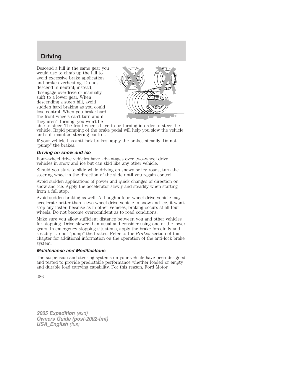 Driving on snow and ice, Maintenance and modifications, Driving | FORD 2005 Expedition v.2 User Manual | Page 286 / 376