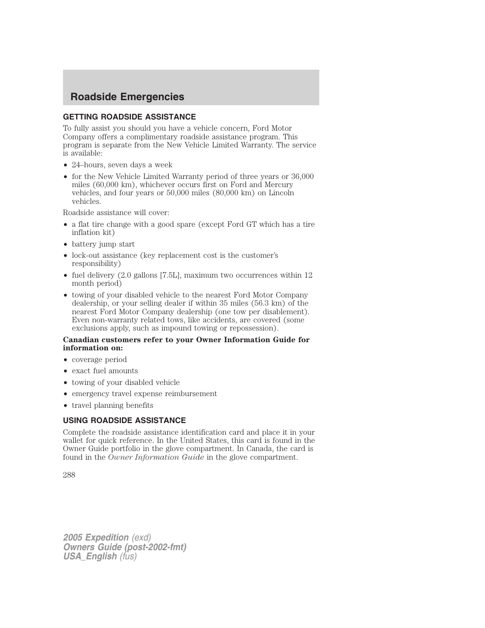 Roadside emergencies, Getting roadside assistance, Using roadside assistance | FORD 2005 Expedition v.2 User Manual | Page 288 / 376