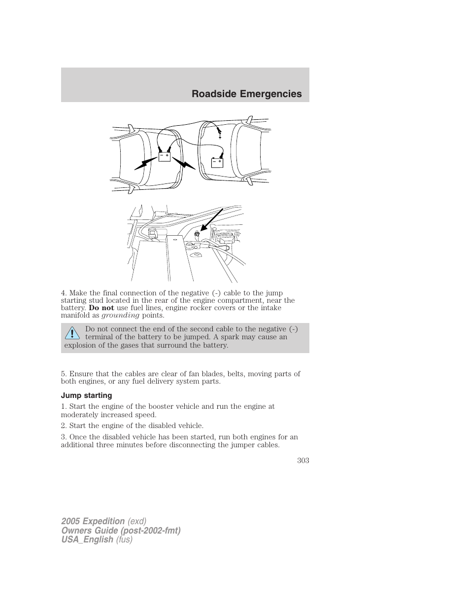 Jump starting, Roadside emergencies | FORD 2005 Expedition v.2 User Manual | Page 303 / 376
