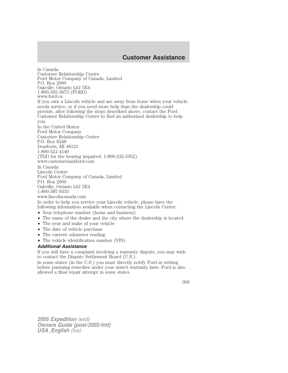 Additional assistance, Customer assistance | FORD 2005 Expedition v.2 User Manual | Page 309 / 376