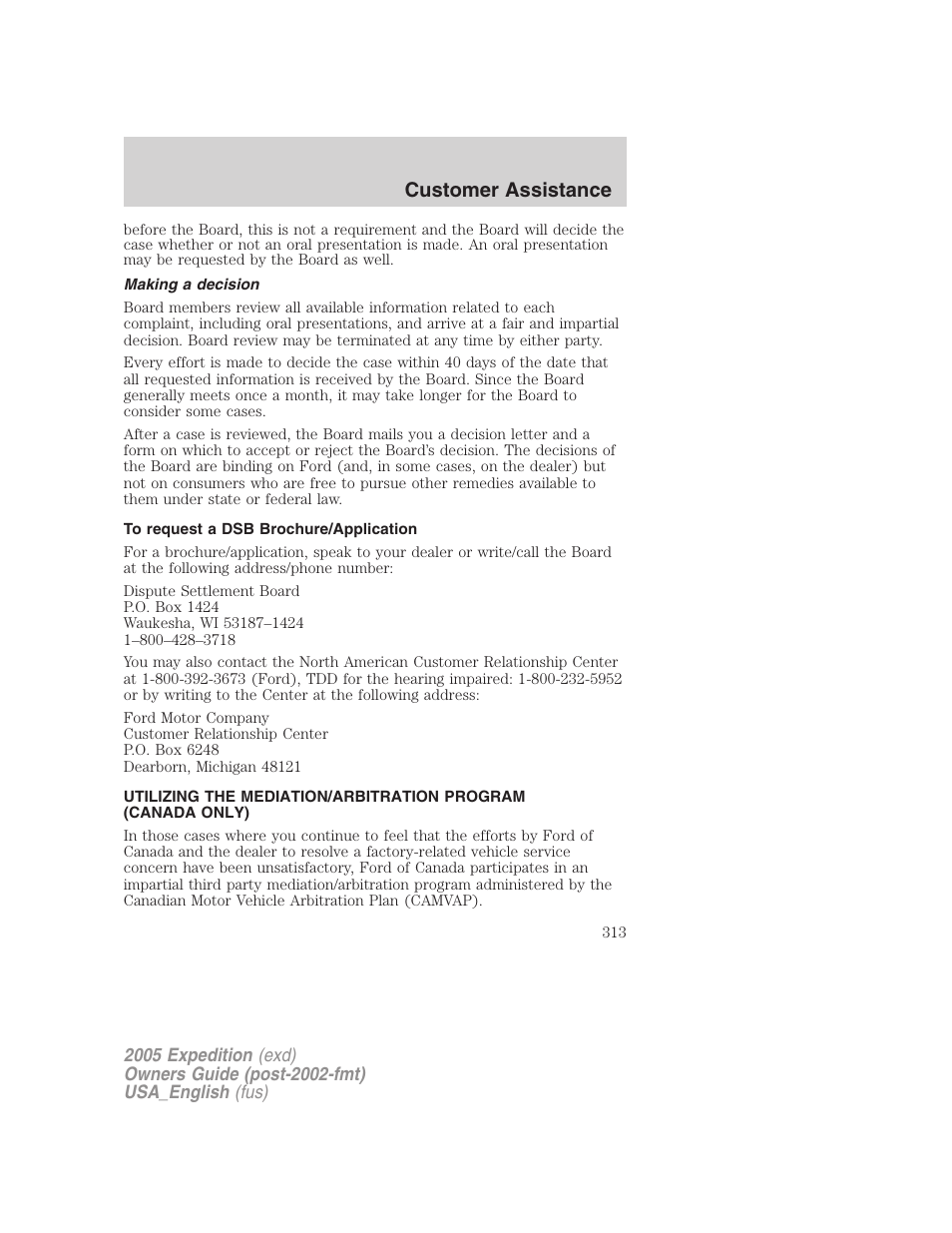 Making a decision, To request a dsb brochure/application, Customer assistance | FORD 2005 Expedition v.2 User Manual | Page 313 / 376