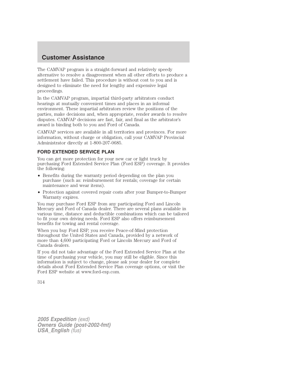 Ford extended service plan, Customer assistance | FORD 2005 Expedition v.2 User Manual | Page 314 / 376