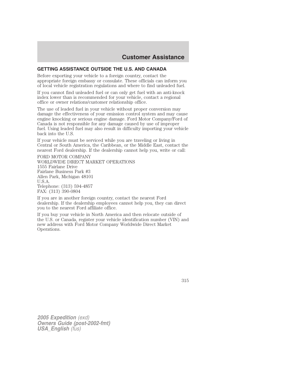 Getting assistance outside the u.s. and canada, Customer assistance | FORD 2005 Expedition v.2 User Manual | Page 315 / 376