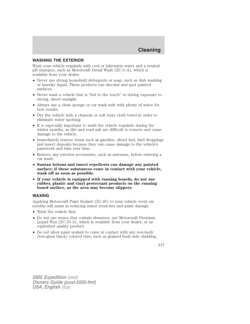 Cleaning, Washing the exterior, Waxing | FORD 2005 Expedition v.2 User Manual | Page 317 / 376