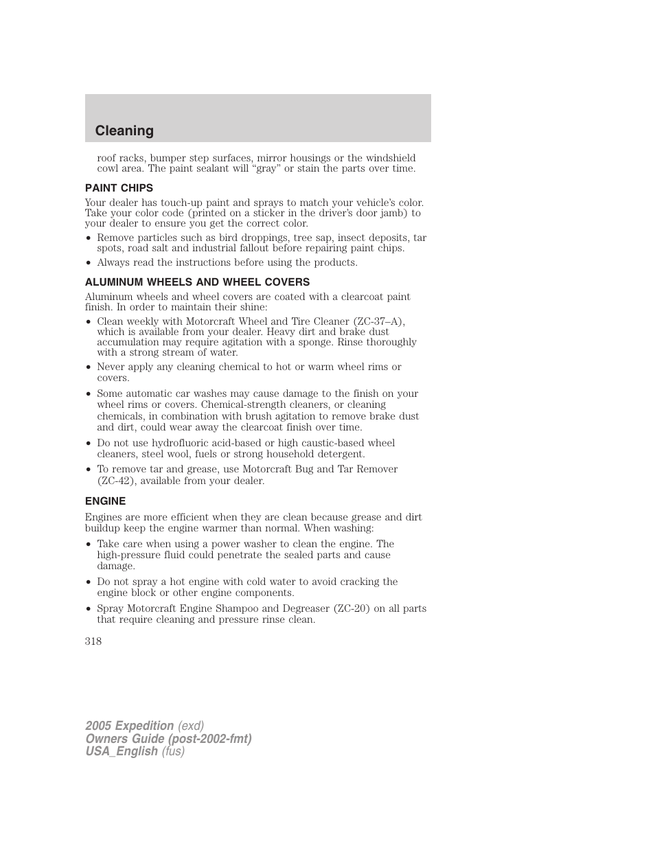 Paint chips, Aluminum wheels and wheel covers, Engine | Cleaning | FORD 2005 Expedition v.2 User Manual | Page 318 / 376