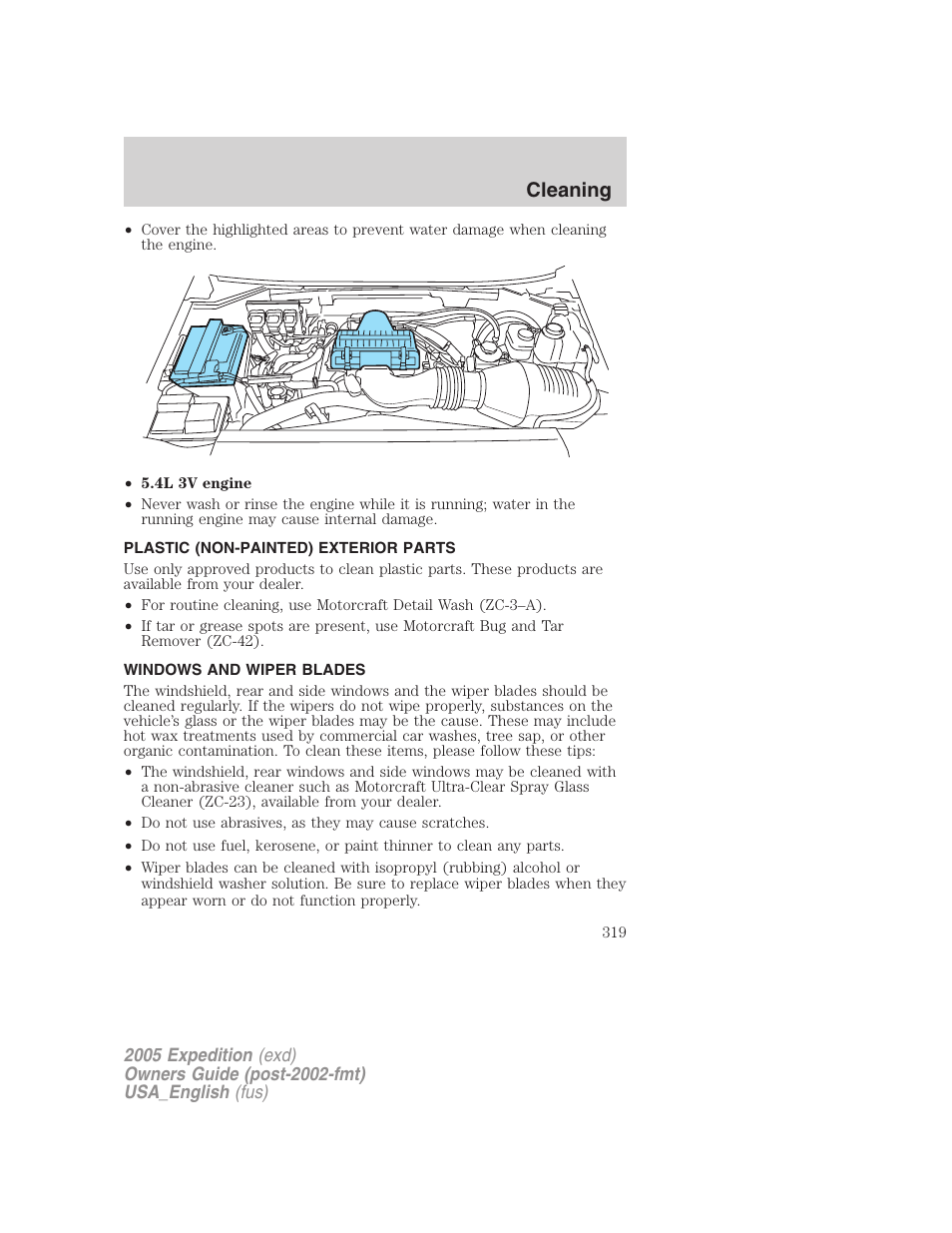 Plastic (non-painted) exterior parts, Windows and wiper blades, Cleaning | FORD 2005 Expedition v.2 User Manual | Page 319 / 376