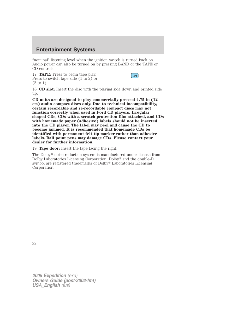 Entertainment systems | FORD 2005 Expedition v.2 User Manual | Page 32 / 376