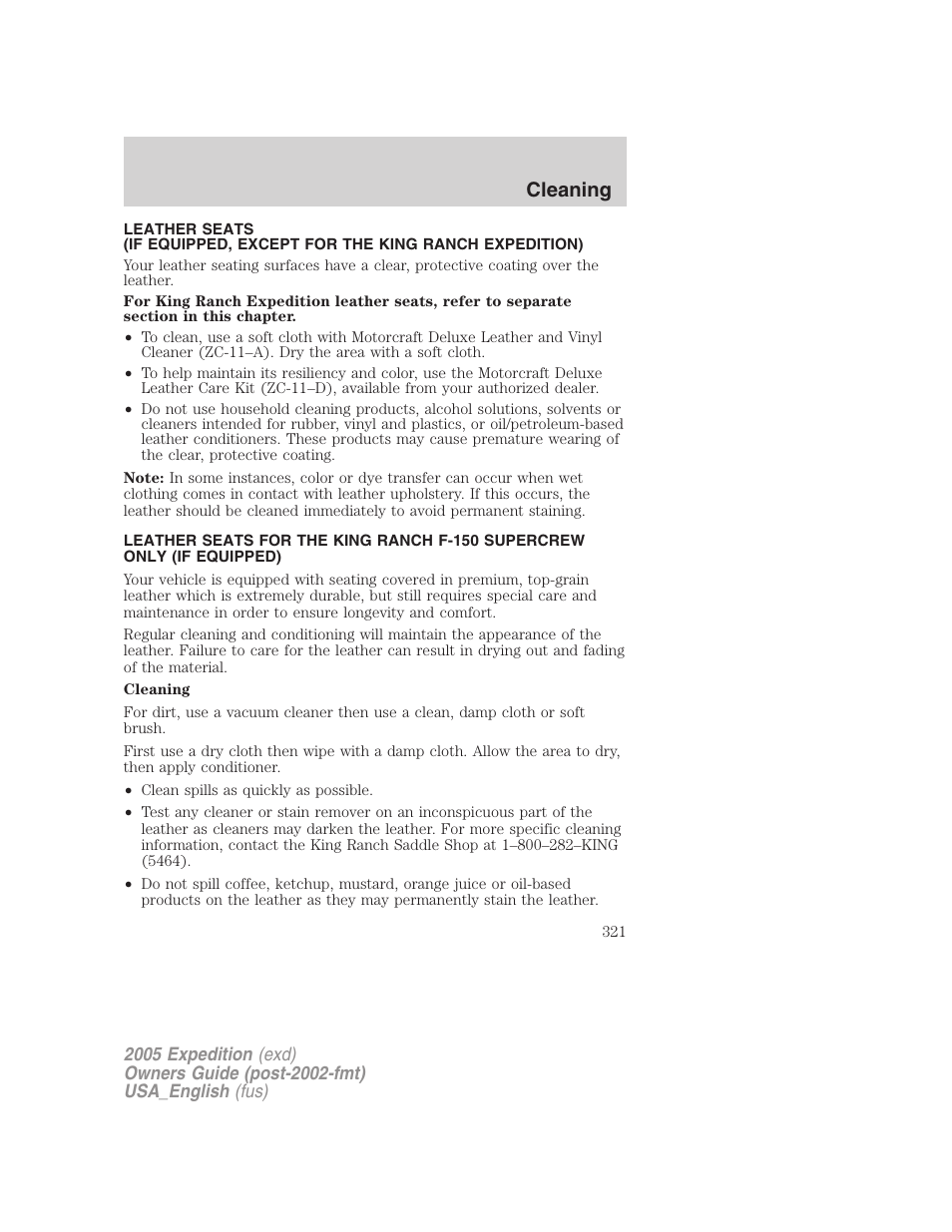 Cleaning | FORD 2005 Expedition v.2 User Manual | Page 321 / 376