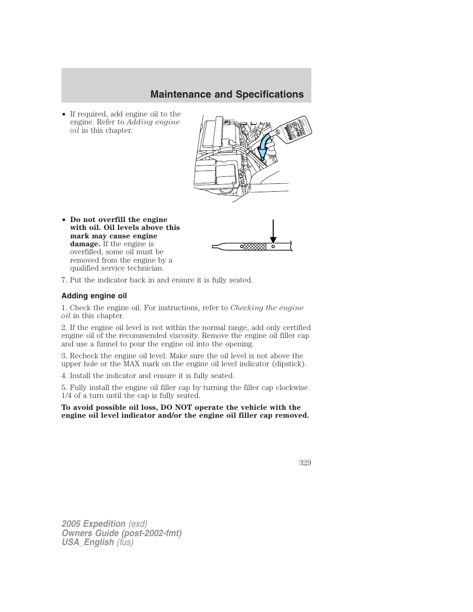 Adding engine oil, Maintenance and specifications | FORD 2005 Expedition v.2 User Manual | Page 329 / 376