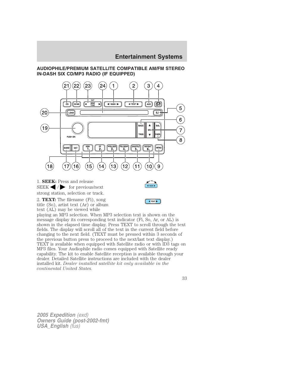 Am/fm stereo with in-dash six cd, Entertainment systems | FORD 2005 Expedition v.2 User Manual | Page 33 / 376