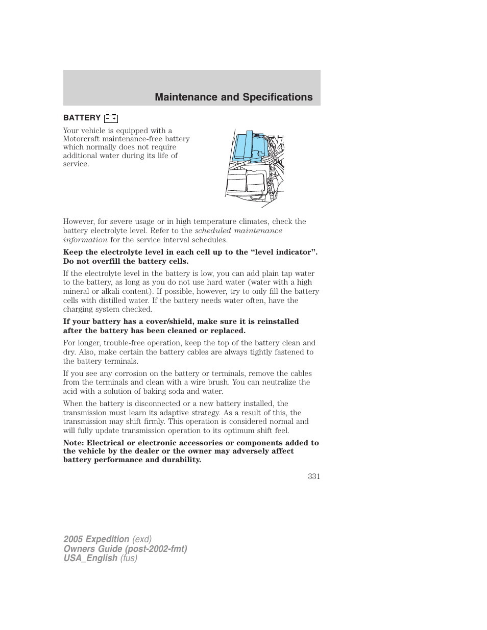 Battery, Maintenance and specifications | FORD 2005 Expedition v.2 User Manual | Page 331 / 376