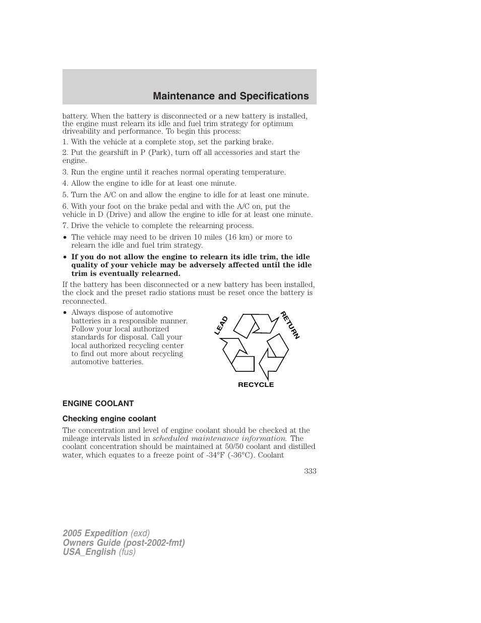 Engine coolant, Checking engine coolant, Maintenance and specifications | FORD 2005 Expedition v.2 User Manual | Page 333 / 376