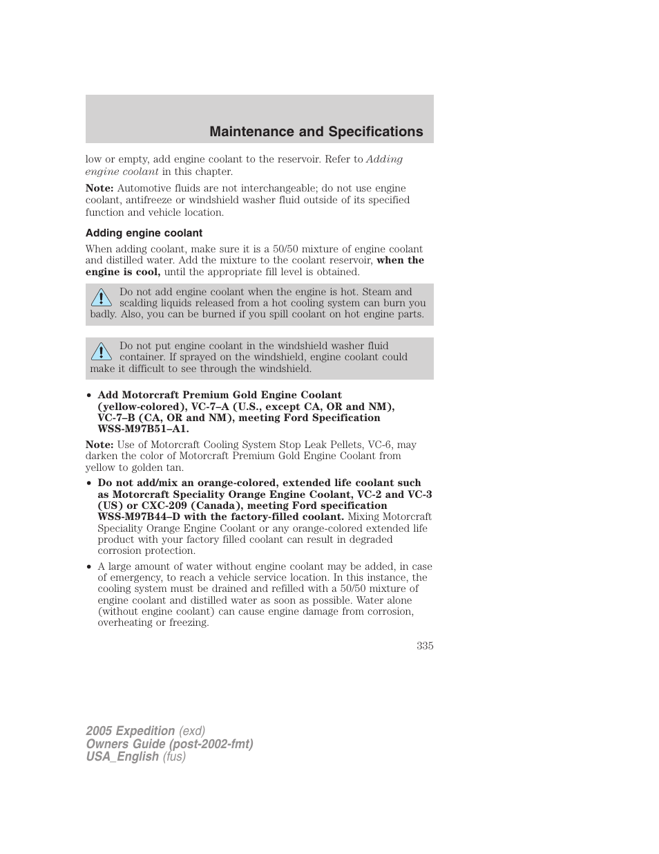 Adding engine coolant, Maintenance and specifications | FORD 2005 Expedition v.2 User Manual | Page 335 / 376