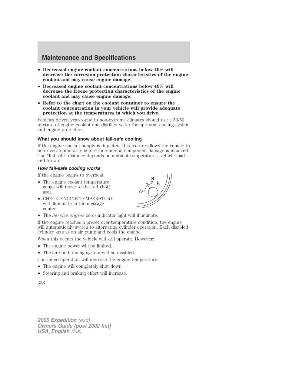 What you should know about fail-safe cooling, How fail-safe cooling works, Maintenance and specifications | FORD 2005 Expedition v.2 User Manual | Page 338 / 376