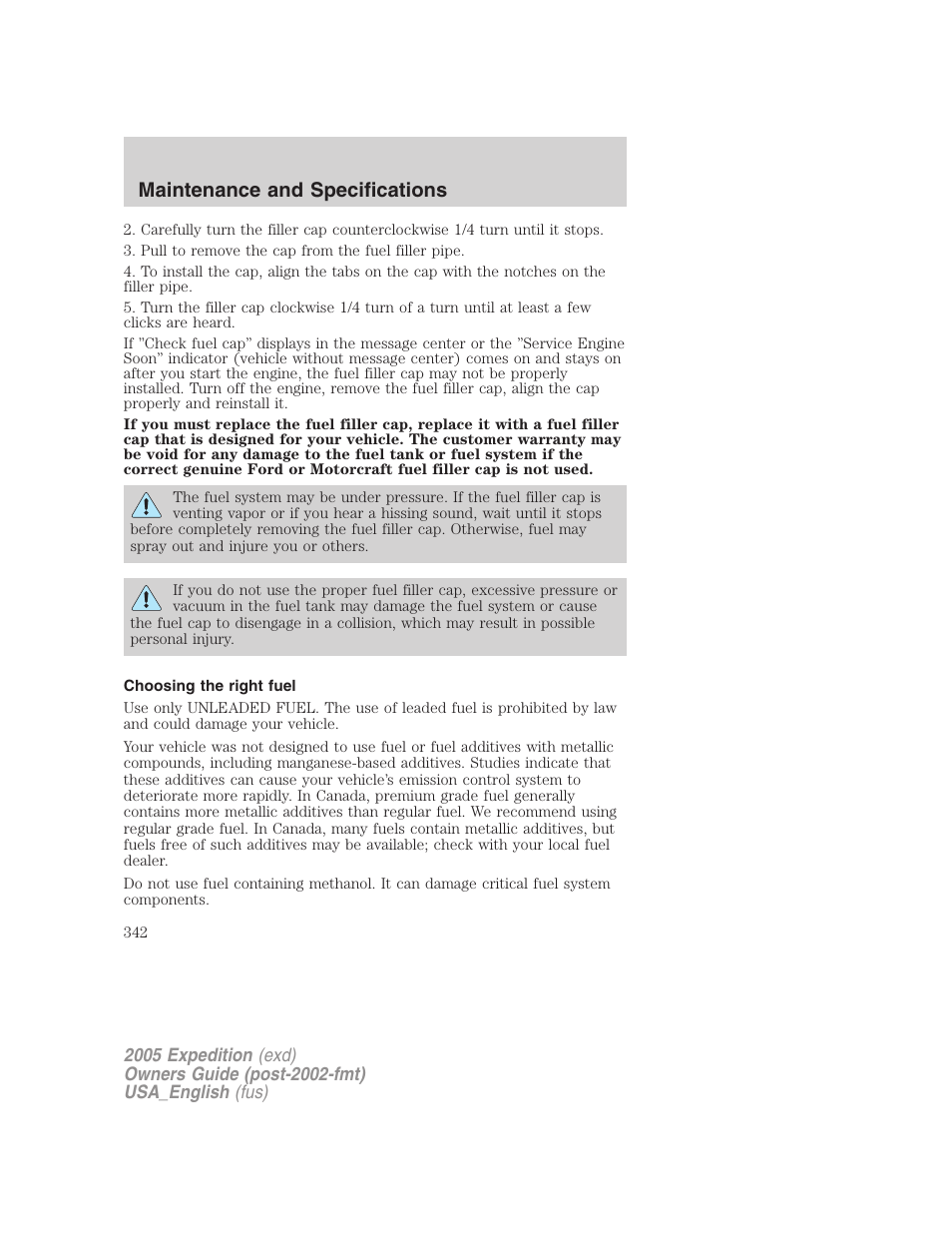 Choosing the right fuel, Maintenance and specifications | FORD 2005 Expedition v.2 User Manual | Page 342 / 376