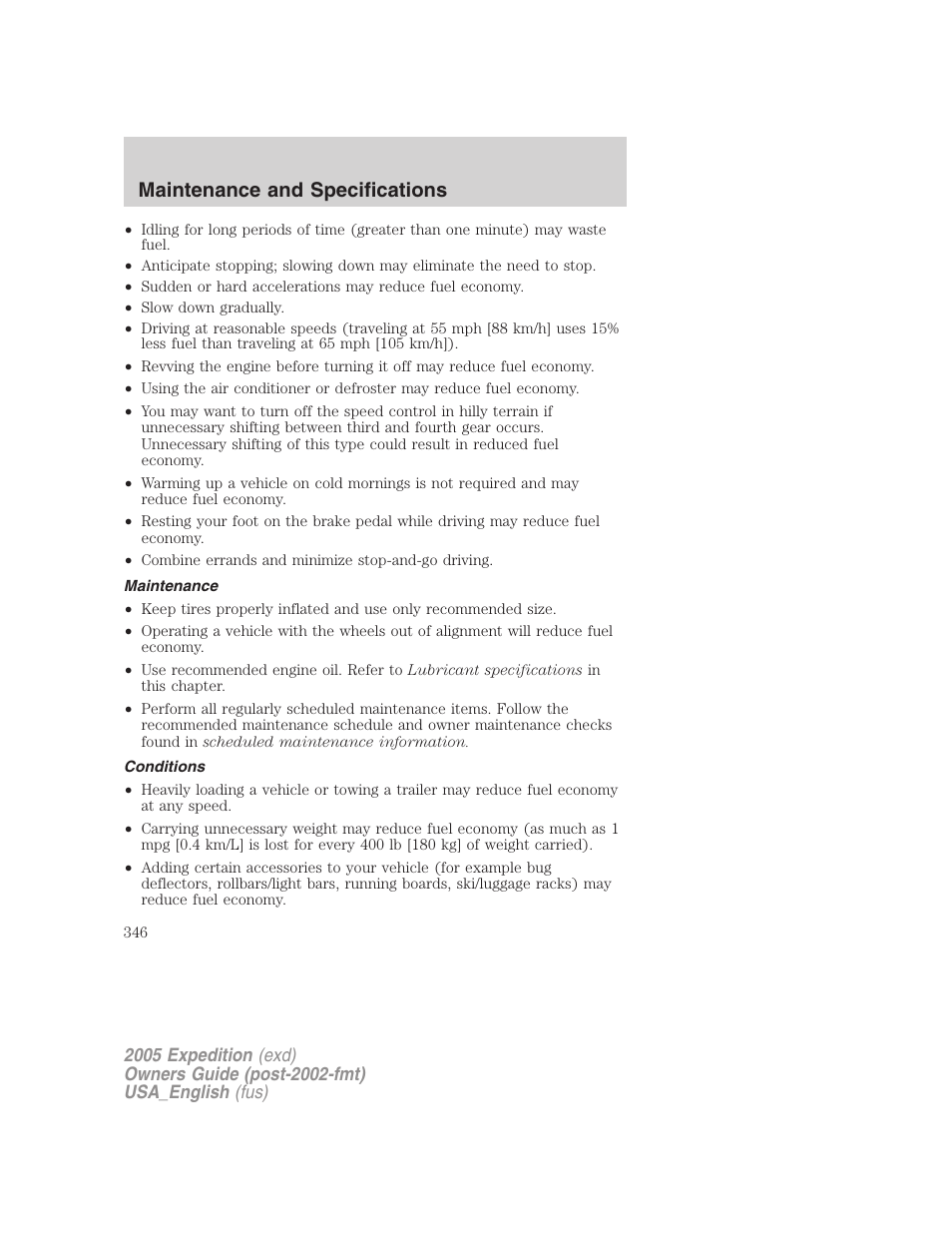 Maintenance, Conditions, Maintenance and specifications | FORD 2005 Expedition v.2 User Manual | Page 346 / 376
