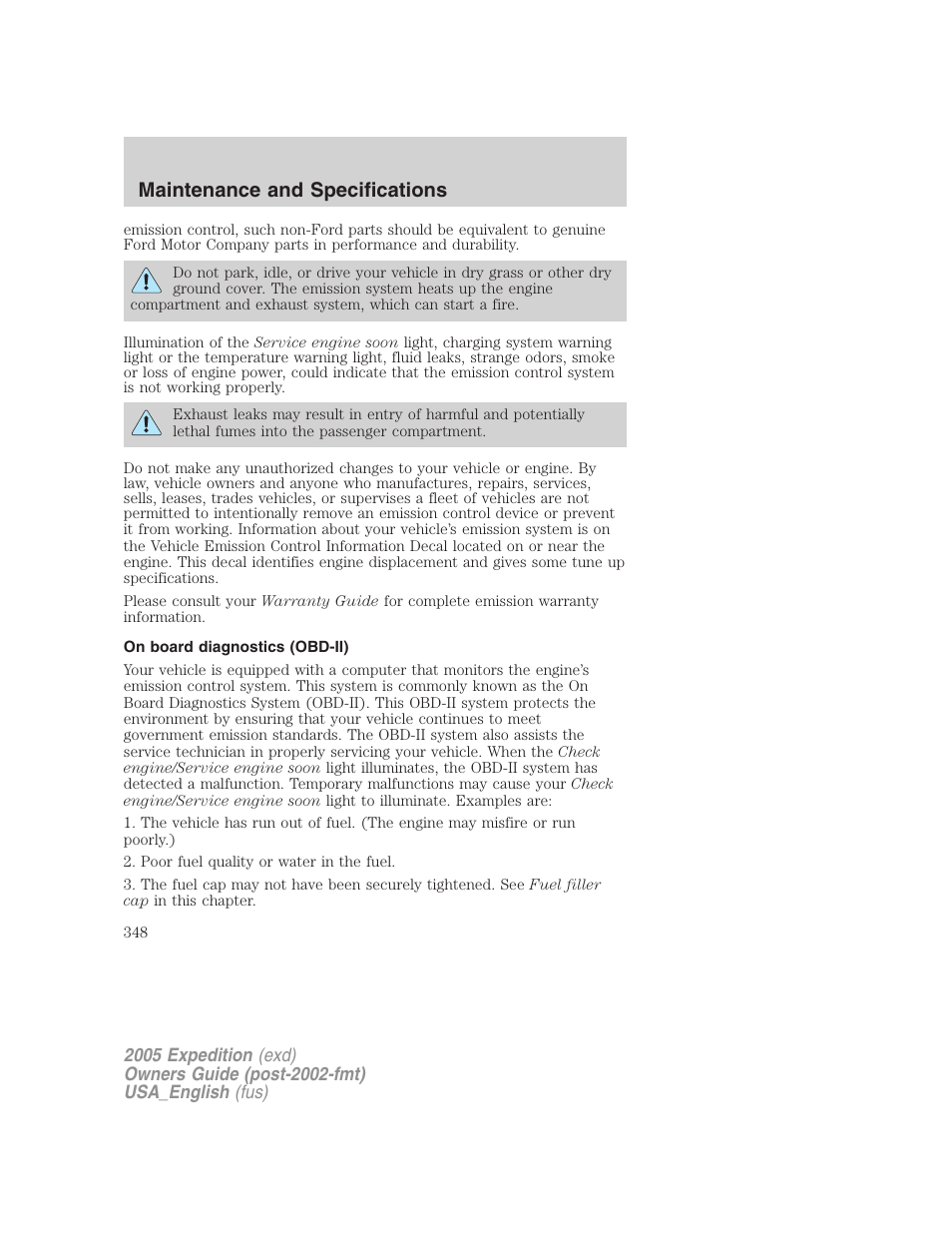 On board diagnostics (obd-ii), Maintenance and specifications | FORD 2005 Expedition v.2 User Manual | Page 348 / 376