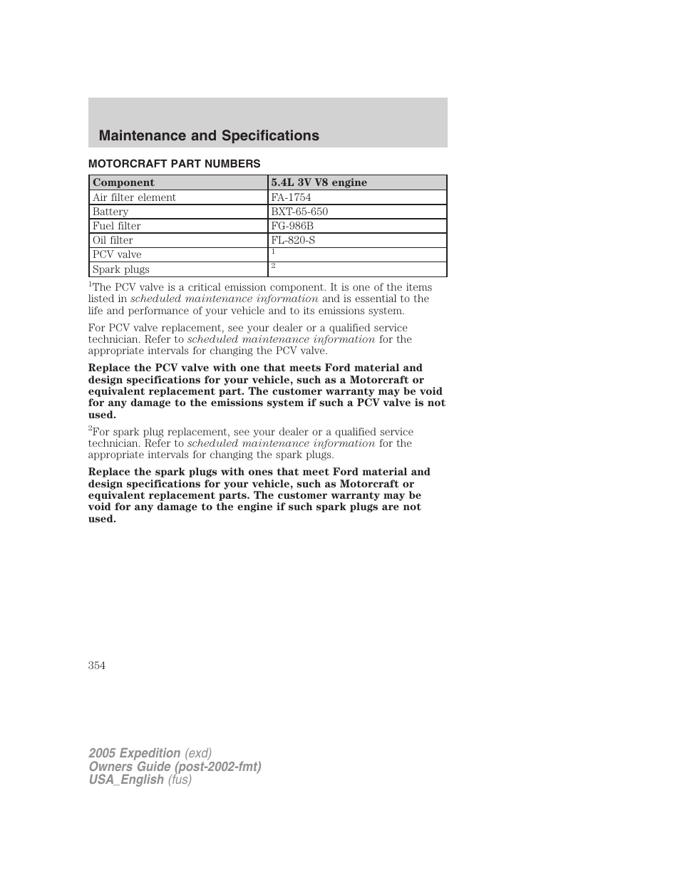 Motorcraft part numbers, Part numbers, Maintenance and specifications | FORD 2005 Expedition v.2 User Manual | Page 354 / 376