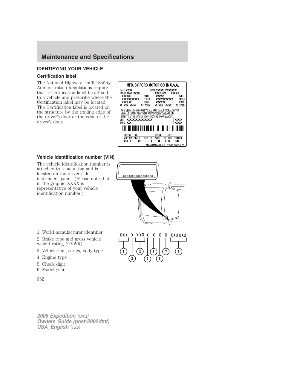 Identifying your vehicle, Certification label, Vehicle identification number (vin) | Maintenance and specifications | FORD 2005 Expedition v.2 User Manual | Page 362 / 376