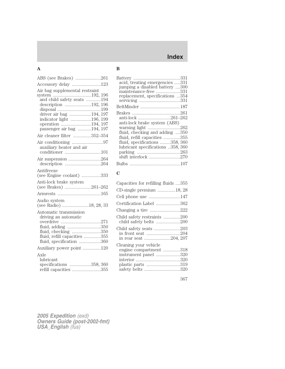 Index | FORD 2005 Expedition v.2 User Manual | Page 367 / 376