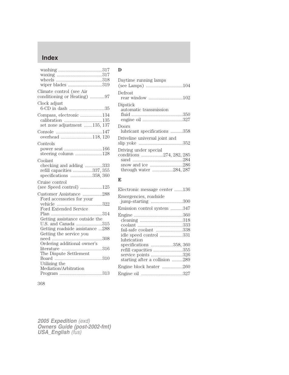 Index | FORD 2005 Expedition v.2 User Manual | Page 368 / 376