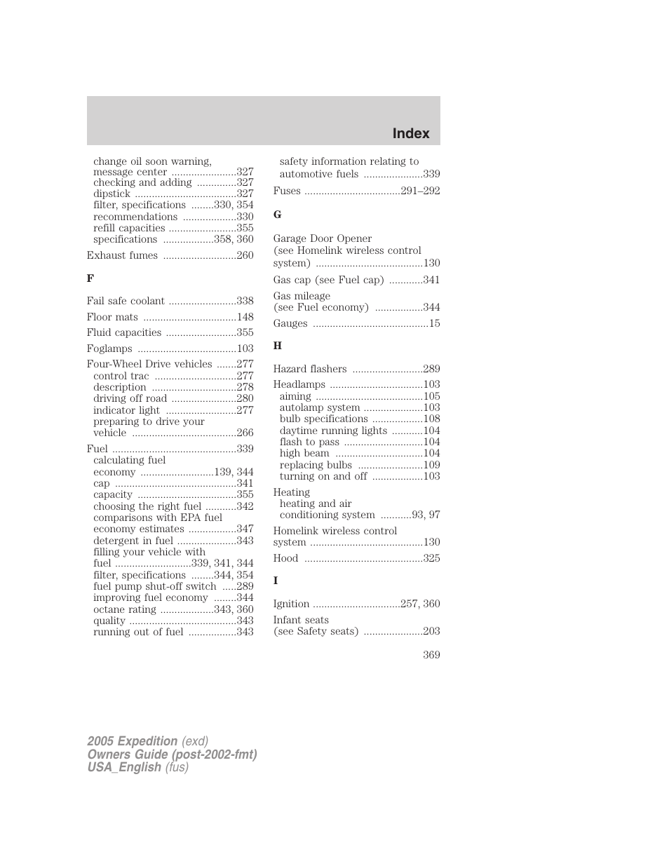 Index | FORD 2005 Expedition v.2 User Manual | Page 369 / 376