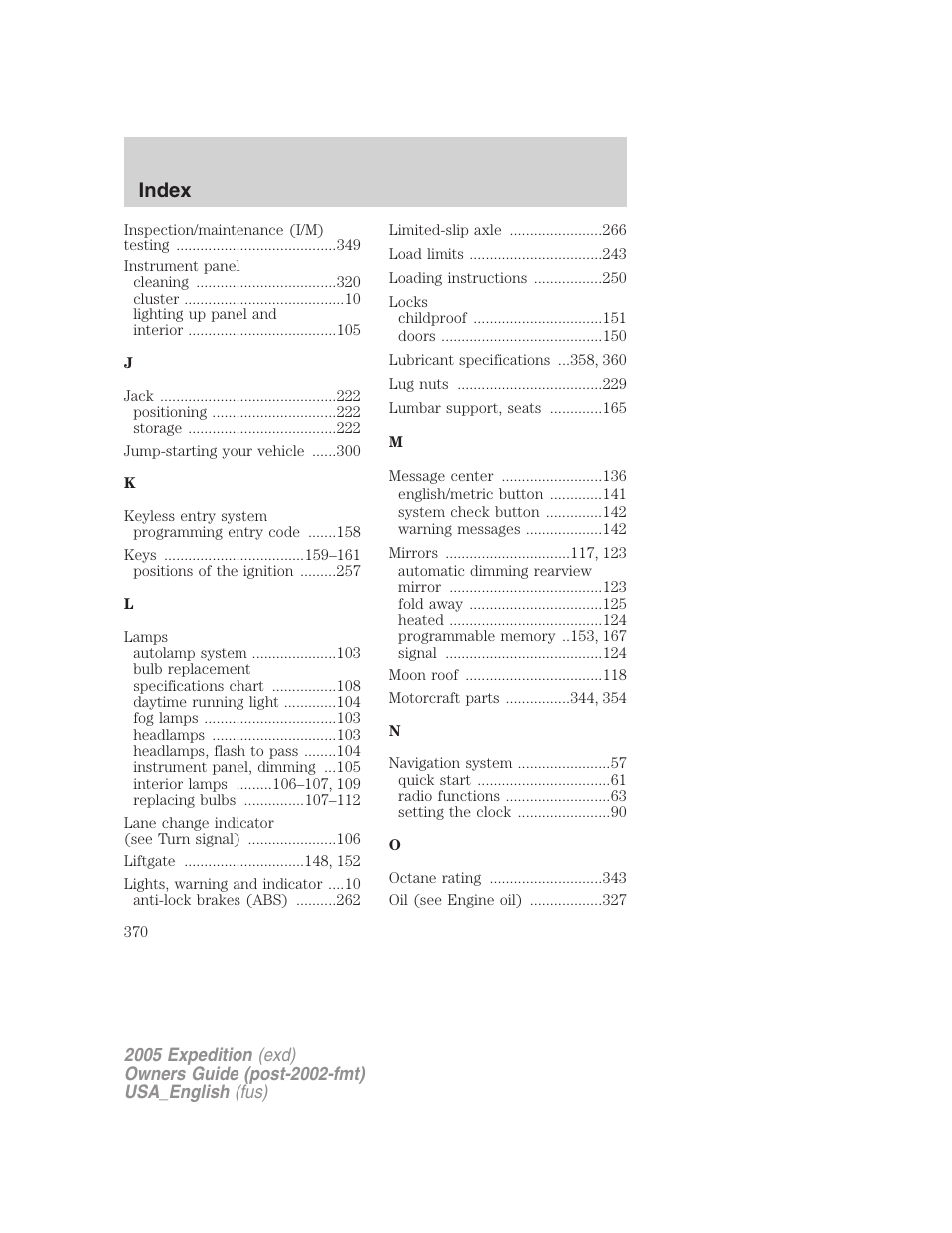 Index | FORD 2005 Expedition v.2 User Manual | Page 370 / 376