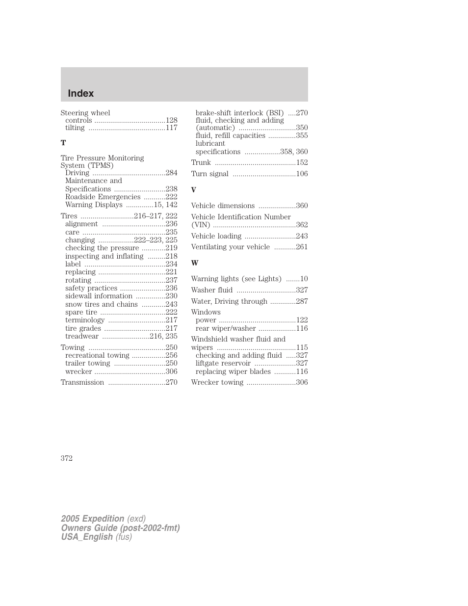 Index | FORD 2005 Expedition v.2 User Manual | Page 372 / 376