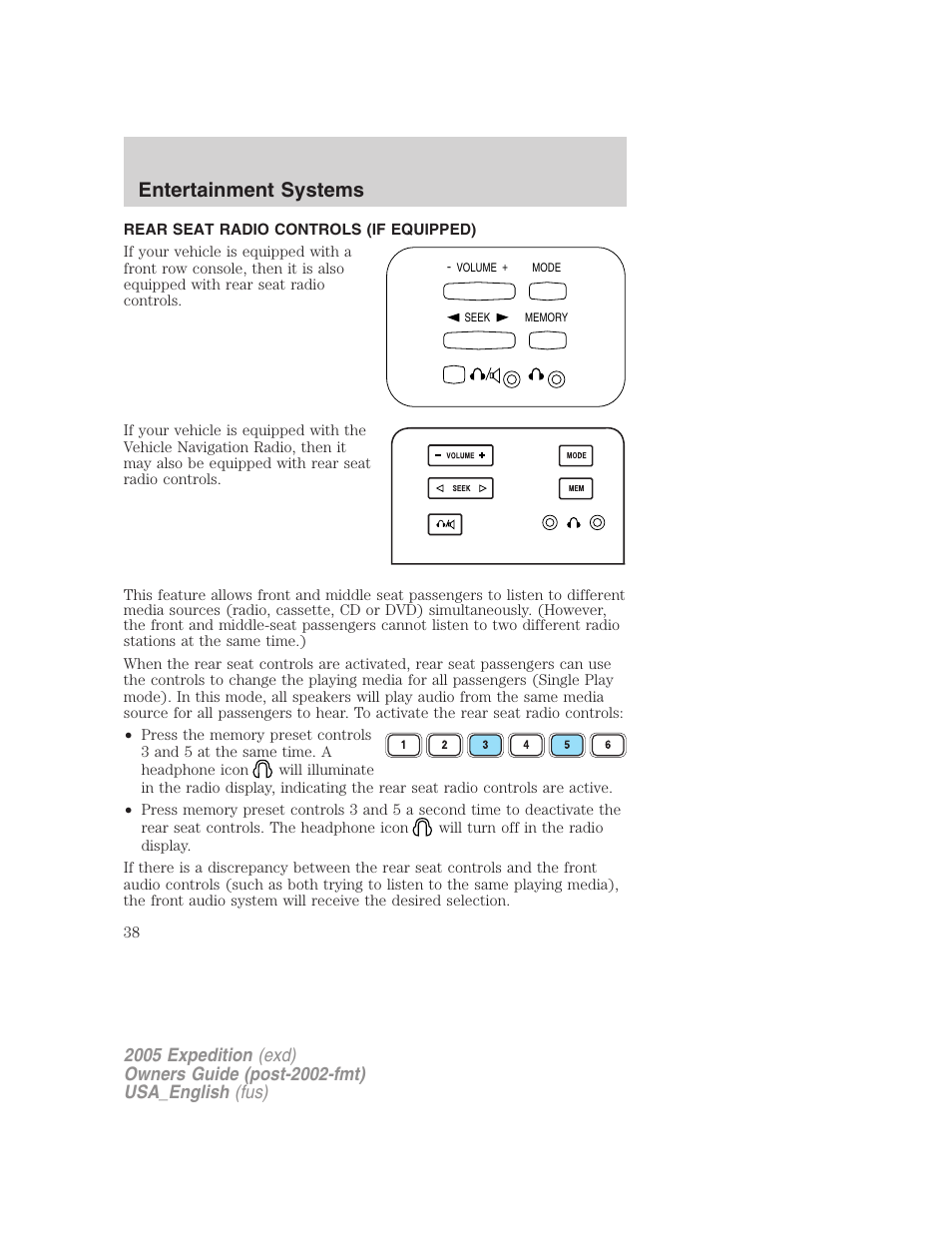 Rear seat radio controls (if equipped), Rear seat controls, Entertainment systems | FORD 2005 Expedition v.2 User Manual | Page 38 / 376