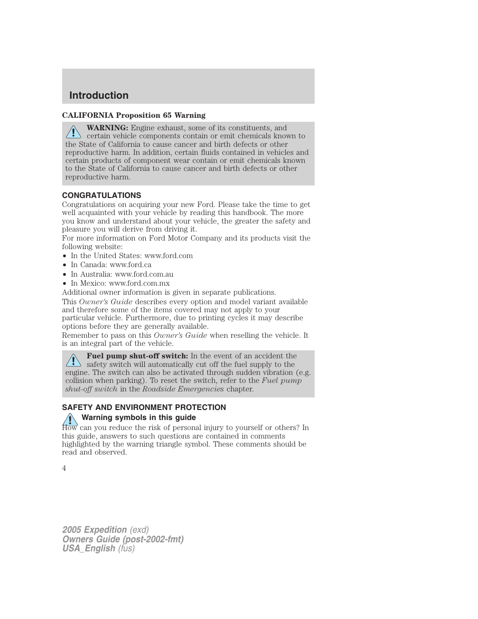 Introduction, Congratulations, Safety and environment protection | Warning symbols in this guide | FORD 2005 Expedition v.2 User Manual | Page 4 / 376