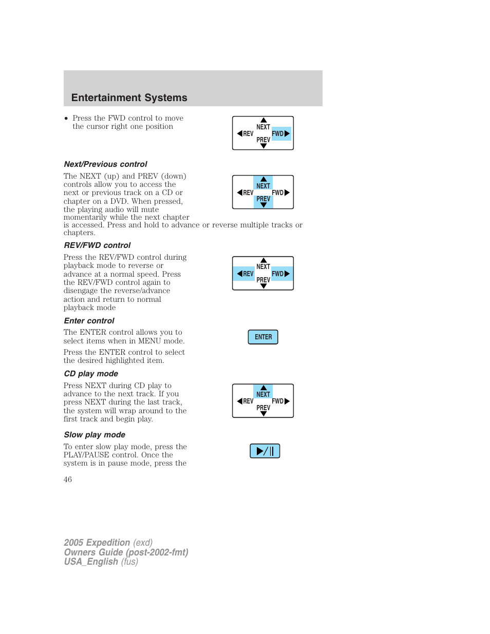 Next/previous control, Rev/fwd control, Enter control | Cd play mode, Slow play mode, Entertainment systems | FORD 2005 Expedition v.2 User Manual | Page 46 / 376