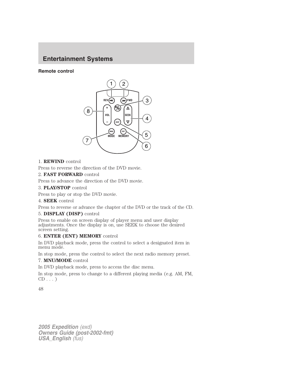 Remote control, Entertainment systems | FORD 2005 Expedition v.2 User Manual | Page 48 / 376