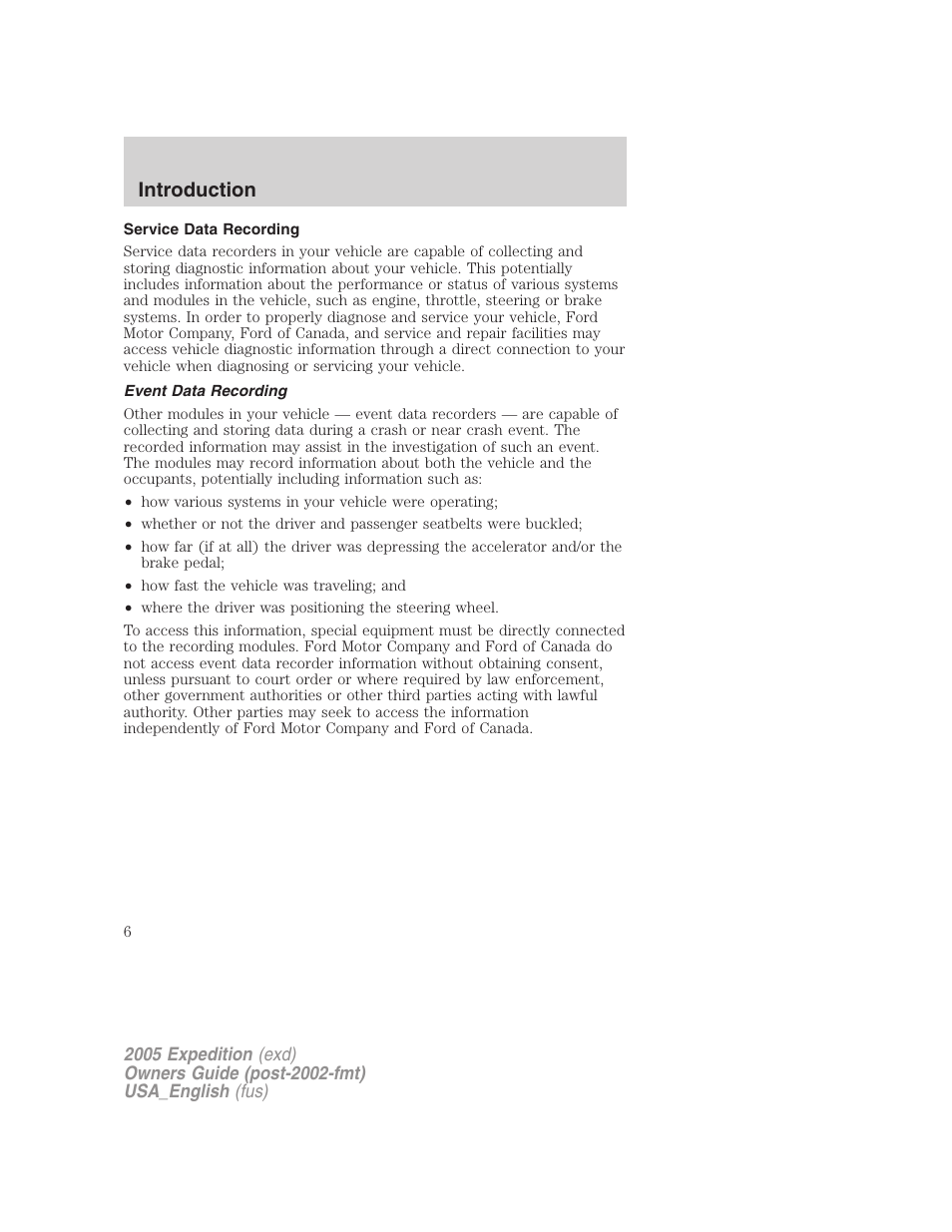 Service data recording, Event data recording, Introduction | FORD 2005 Expedition v.2 User Manual | Page 6 / 376