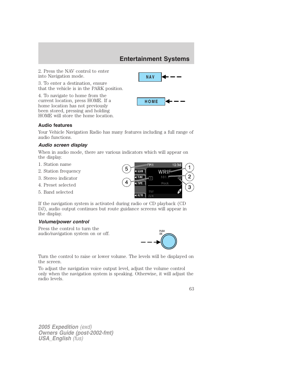 Audio features, Audio screen display, Volume/power control | Entertainment systems | FORD 2005 Expedition v.2 User Manual | Page 63 / 376