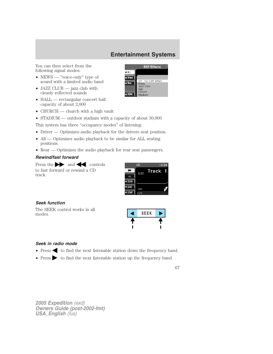 Rewind/fast forward, Seek function, Seek in radio mode | Entertainment systems | FORD 2005 Expedition v.2 User Manual | Page 67 / 376