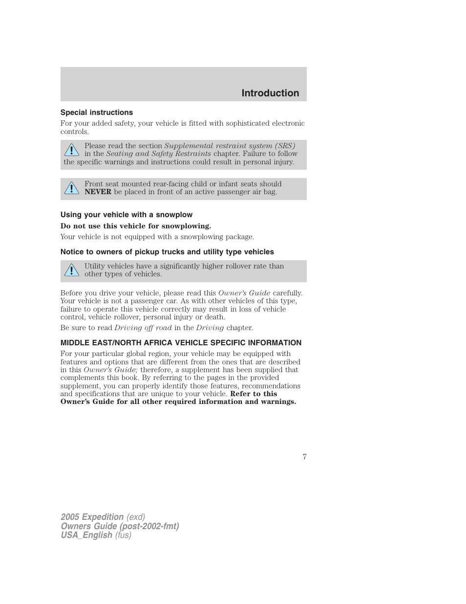 Special instructions, Using your vehicle with a snowplow, Introduction | FORD 2005 Expedition v.2 User Manual | Page 7 / 376