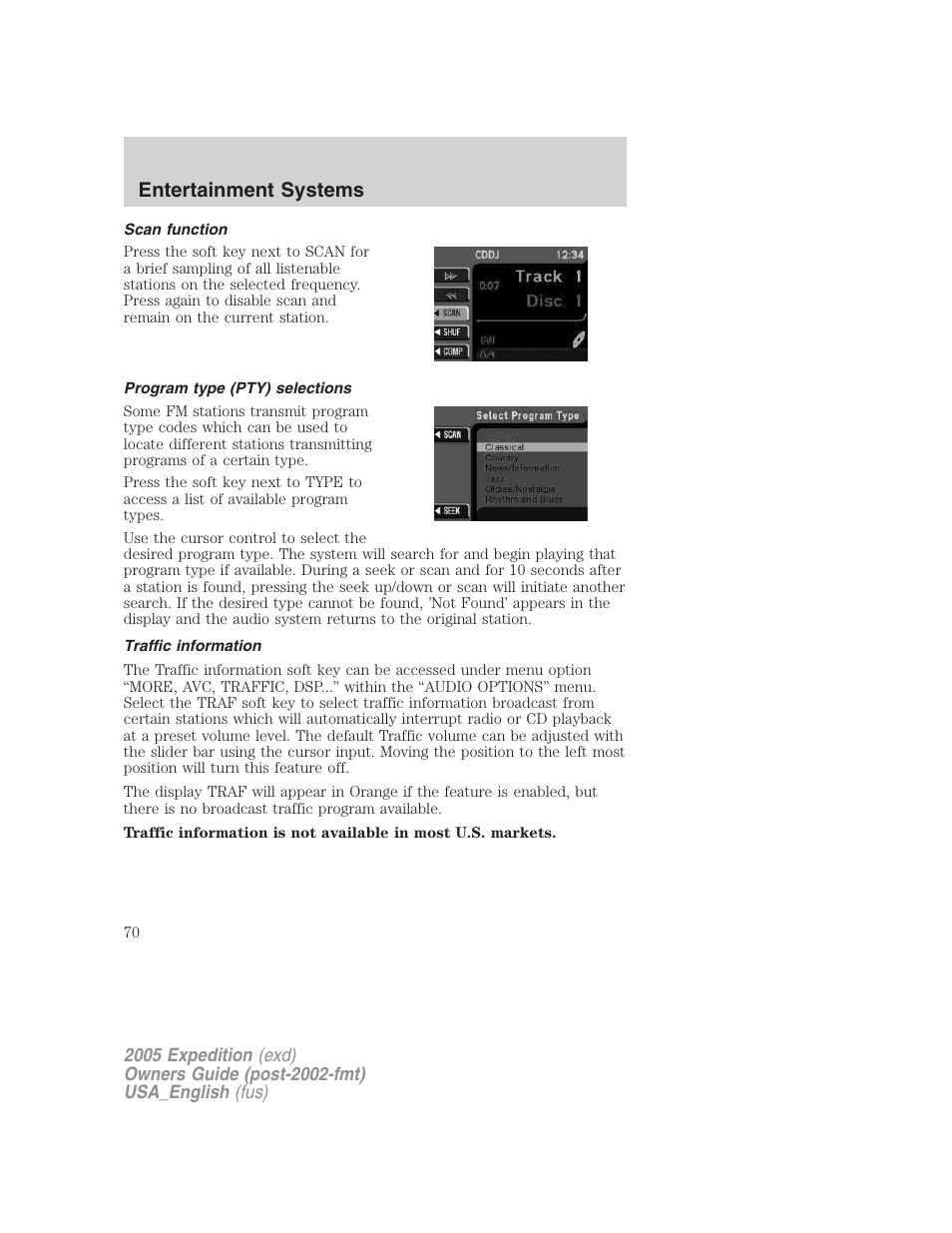 Scan function, Program type (pty) selections, Traffic information | Entertainment systems | FORD 2005 Expedition v.2 User Manual | Page 70 / 376