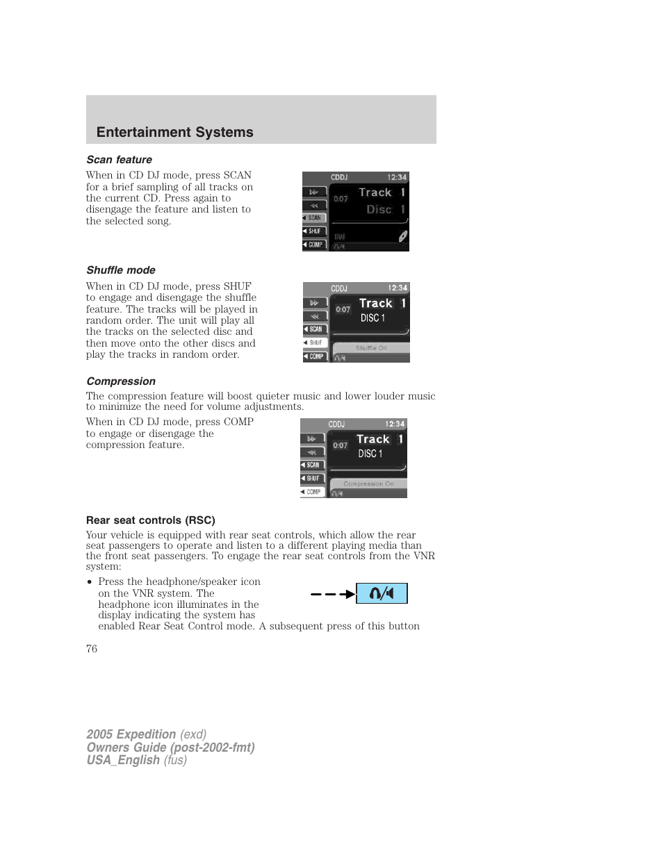 Scan feature, Shuffle mode, Compression | Rear seat controls (rsc), Entertainment systems | FORD 2005 Expedition v.2 User Manual | Page 76 / 376