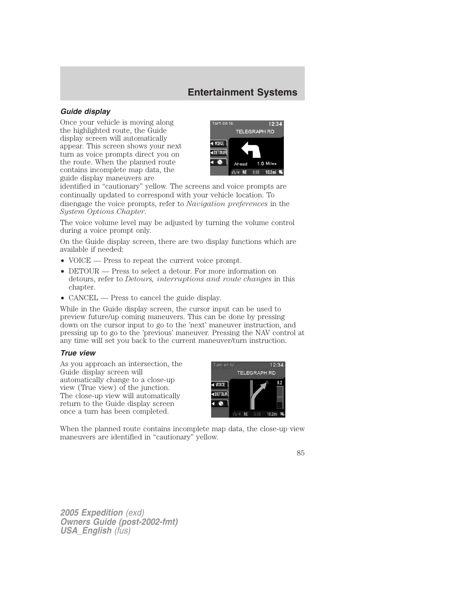 Guide display, True view, Entertainment systems | FORD 2005 Expedition v.2 User Manual | Page 85 / 376