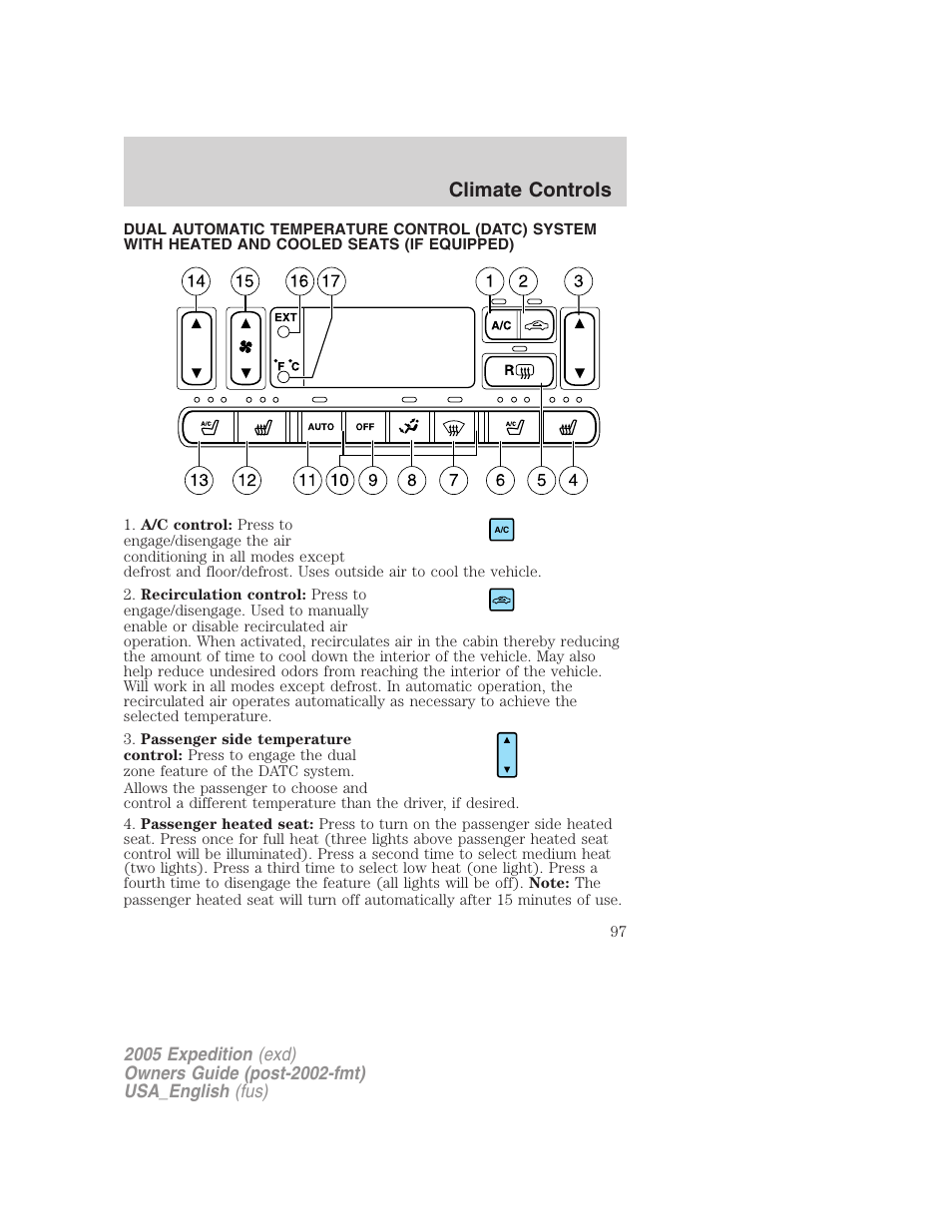 Automatic temperature control, Climate controls | FORD 2005 Expedition v.2 User Manual | Page 97 / 376